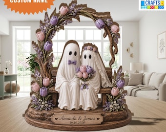 Personalized Ghost Couple Wedding Wooden Block, Custom Ghost Bride Groom Gift, Spooky Wedding Anniversary Gift