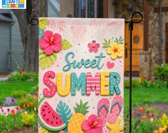 Sweet Summer Garden Flag, Tropical Summer Yard Decor, Watermelon Pineapple Garden Banner, Colorful Front Porch Flag