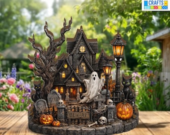 Haunted House Halloween Wooden Block, Gothic Spooky House Sign, Ghost Pumpkin Decoration, Dark Home Accent, Creepy Cottage Wall Art