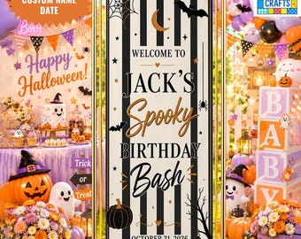 Personalized Halloween Birthday Banner, Custom Spooky Birthday Party Sign, Halloween Birthday Decoration, Pumpkin Party Welcome Sign