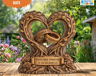 Personalized Couple Tree of Life Wooden Block, Custom Wedding Gift, Heart Tree Wooden Decor, Anniversary Gift for Couple