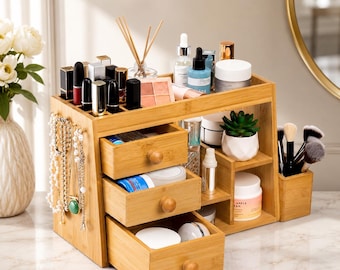 Bamboo Makeup Organizer Box | Cosmetic Vanity Storage Rack | Skincare Display Case With Drawers & Jewelry Hooks | Cosmetic Organizer