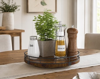 Wooden Lazy Susan For Kitchen Table | Rustic Countertop Spice Rack Organizer | 360 Smooth Rotating Spice Tray | Industrial Kitchen Organizer