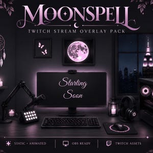May include: A digital Twitch stream overlay pack titled MOONSPELL featuring a dark purple and black theme. The display shows a computer setup with a monitor displaying the text Starting Soon, a keyboard, mouse, microphone, and a glowing moon graphic.