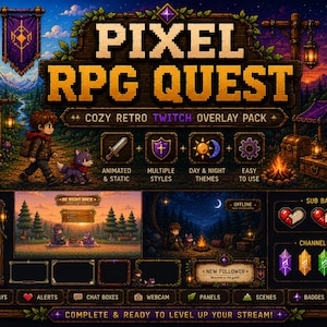 May include: A digital art graphic for a Twitch overlay pack, titled "Pixel RPG Quest." The design features a pixelated aesthetic with a cozy, retro theme. Includes animated and static elements, multiple styles, day and night themes, and easy-to-use features.