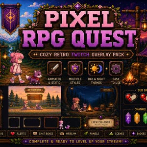 Könnte beinhalten: Ein digitales Pixel-Art Twitch-Overlay-Paket mit dem Titel PIXEL RPG QUEST, das ein Fantasy-Waldthema mit Charakter und Haustier zeigt, inklusive Chat-Boxen, Sub-Badges, Kanalpunkt-Kristallen und verschiedenen Stream-Szenen in dunklen Farben.