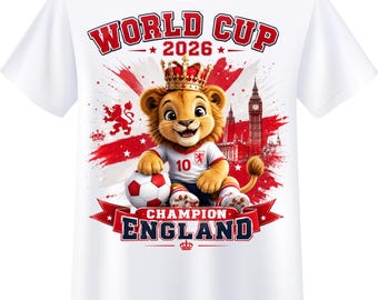 Englands fotbollsmaskot i PNG | Digital nedladdning av fotbolls-T-shirt för barn | Laganda i VM 2026 | Utskrivbar grafik | Sött lejon