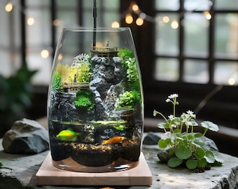 May include: A glass terrarium aquarium featuring a central rocky mountain structure with miniature wooden bridges and greenery. Two small fish swim in the water at the base, which is filled with dark substrate. A black LED light is mounted on top.