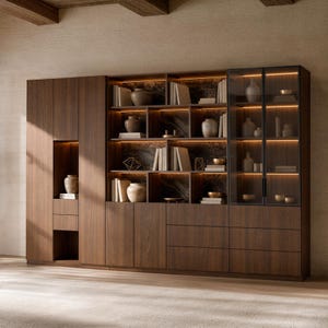 May include: A large dark wood wall unit featuring a combination of open shelving, closed cabinets, and drawers. The open shelves include integrated warm lighting and a dark marble-patterned back panel, displaying various ceramic vases and books.