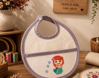 Mermaid Cross-Stitch Embroidered Bib | Personalized Baby Bib | Handmade | Baby Shower Gift for Girl