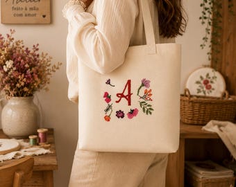 Embroidered Tote Bag with Floral Initial | Personalized Hand-Embroidered Bag | Gift for Women | Reusable Bag