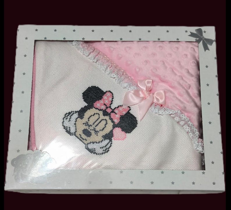 Pink Baby Blanket with Minnie Mouse Embroidery | Personalized Blanket for Newborns | Baby Shower Gift | Handmade Blanket with Bow image 1