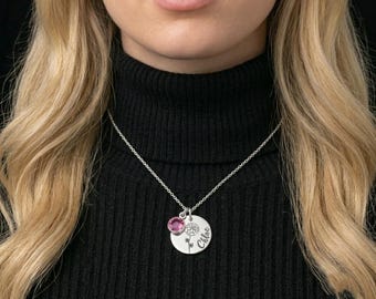 Personalized Necklace | Custom Name Necklace | Engraved Birth Flower Necklace with Birthstone | Custom Floral Disc | FBS030