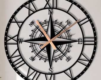 Unique Roman Numeral Compass Metal Wall Clock, Extra Large Nautical Clock, Silent Modern Ships Clock, Coastal Wall Decor, Wanduhr Metal