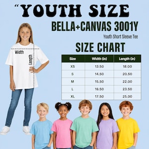 May include: A white youth short sleeve tee shirt with a size chart. The size chart shows the width and length in inches for sizes XS to XL. The image also shows a young girl wearing the tee shirt.