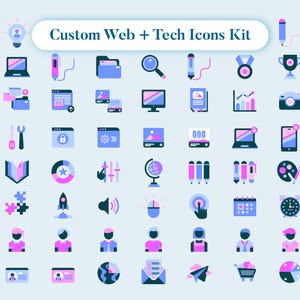 May include: A collection of custom web and tech icons in shades of blue, pink, and purple. The icons include a target, lightbulb, laptop, folder, magnifying glass, and more. The text "Custom Web + Tech Icons Kit" is at the top.