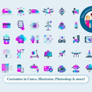 May include: A collection of gradient-colored technology icons featuring devices like drones, robots, satellites, and smart gadgets. A circular badge displays the text "This asset is for Everyone" and a banner reads "Customise in Canva, Illustrator, Photoshop & more!"