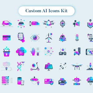 May include: A collection of colorful AI icons in a gradient of blue, purple, and pink. The icons represent various technological concepts, including a car, drone, smart watch, and cloud storage. The text "Custom AI Icons Kit" is at the top.