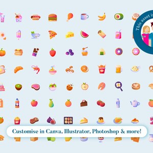 May include: A collection of colorful food and drink icons arranged in a grid on a light blue background. A circular badge in the top right corner features three stylized figures and the text This asset is for Everyone. A banner at the bottom reads Customise in Canva, Illustrator, Photoshop & more!