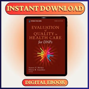 Könnte beinhalten: Ein digitales Tablet zeigt das Buchcover von Evaluation of Quality in Health Care for DNPs, Third Edition, von Joanne V. Hickey und Eileen R. Giardino. Das Cover ist dunkelrot mit einer bunten Sternengrafik und dem Text INSTANT DOWNLOAD sowie DIGITAL EBOOK.