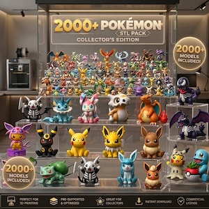 Peut inclure: Une collection numérique de plus de 2000 fichiers STL Pokémon pour impression 3D, présentée sous forme de figurines colorées sur des étagères transparentes. Le texte 2000+ POKÉMON STL PACK COLLECTOR'S EDITION est visible en haut de l'image.