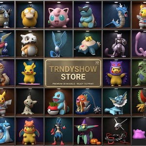 Puede incluir: Una colección de varias figuras coloridas de personajes Pokémon exhibidas en estantes cuadrados individuales. Una placa dorada central presenta el texto TRNDYSHOW STORE PREMIUM 3D MODELS - READY TO PRINT. Cada estante contiene una criatura única.