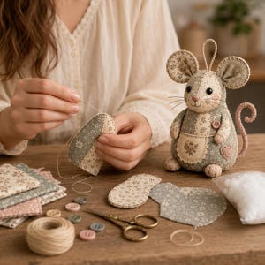 Patchwork Mouse Sewing Kit, Floral Fabric Ornament, Cottagecore Hand Stitch Craft