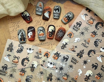 Halloween Nail Stickers Pumpkin Ghost Black Cat Spider Nail Decals