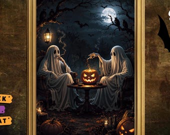 Printable Whimsical Haunted Night Decor, Spooky Ghosts Smoking Cigarettes in Haunted Jungle Jack O Lantern Poster, Digital Download wall art