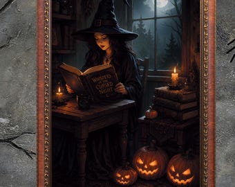 Witch Reading Spellbook Halloween Art Print, Cozy Cottagecore Witchcraft Poster (Digital Download) Printable Wall Art