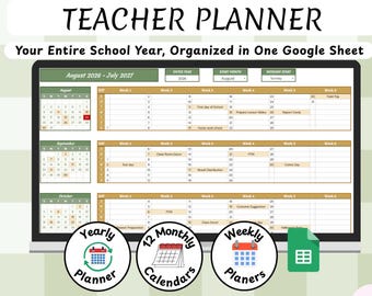 Digital Teacher Planner Template, Google Sheets Academic Planner, Editable Weekly Monthly Lesson Planner for Teachers, Class Roster