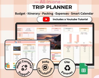 Travel Planner Template for Google Sheets | Trip Itinerary, Packing List & Budget Tracker | Vacation Planning Spreadsheet
