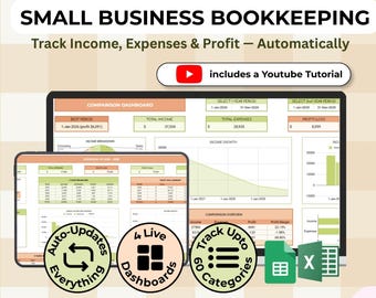 Small Business Bookkeeping Tracker | Income Expense Log for Google Sheets & Excel | Profit Dashboard, Digital Download