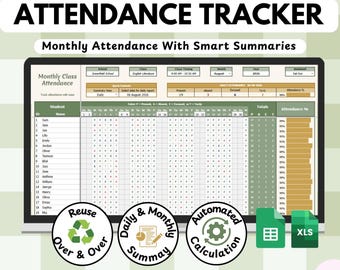 Student Attendance Tracker - Monthly Class Editable Spreadsheet for Teachers Google Sheets & Excel Instant Download
