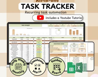 Task Tracker Spreadsheet for Google Sheets & Excel, Eisenhower Matrix Daily Planner and Project Management Template with Kanban Board