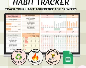 52-Week Habit Tracker Google Sheets, Daily Weekly Planner (Digital Download)