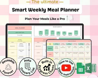 Smart Weekly Meal Planner Spreadsheet for Google Sheets & Excel | Auto Grocery List (Digital Download)