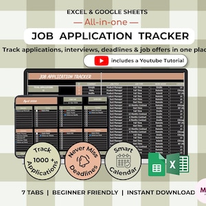 May include: A digital job application tracker for Excel and Google Sheets featuring a spreadsheet interface with columns for company, job title, and status. The graphic includes text, a YouTube tutorial icon, and three circular badges.
