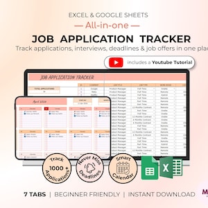 May include: A digital job application tracker, designed for Excel and Google Sheets, shown on a tablet and computer screen. The tracker helps users manage applications, interviews, and deadlines. The image includes the text "JOB APPLICATION TRACKER" and icons for tracking applications, deadlines, and a smart calendar.