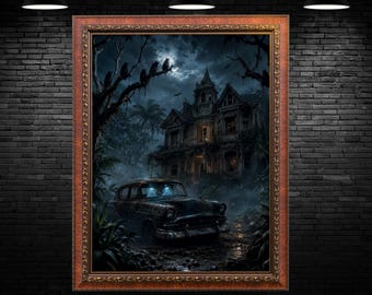 Haunted Mansion Halloween Art Print, Spooky Ghost Car Gothic Decor (Digital Download)