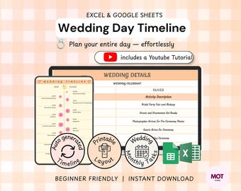 Pastel Wedding Day Timeline Template | Editable Google Sheets & Excel Planner | Printable Wedding Schedule for Family and Vendors