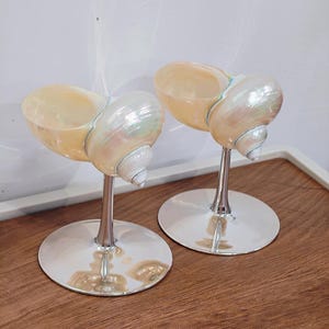 May include: Two decorative goblets featuring iridescent, cream-colored seashell bowls mounted on polished silver-toned metal stems and circular bases. The natural spiral shells have a smooth, pearlescent finish and are securely attached to the metal.