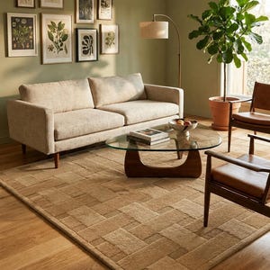 Peut inclure: Un tapis beige avec un motif g&eacute;om&eacute;trique textur&eacute; en blocs, de forme rectangulaire et dot&eacute; d'une finition &agrave; poils ras. Le tapis est pos&eacute; sur un parquet en bois, partiellement recouvert par une table basse en verre avec une base en bois fonc&eacute;.