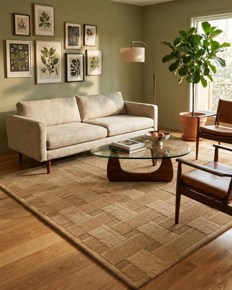 Peut inclure: Un tapis beige avec un motif g&eacute;om&eacute;trique textur&eacute; en blocs, de forme rectangulaire et dot&eacute; d'une finition &agrave; poils ras. Le tapis est pos&eacute; sur un parquet en bois, partiellement recouvert par une table basse en verre avec une base en bois fonc&eacute;.
