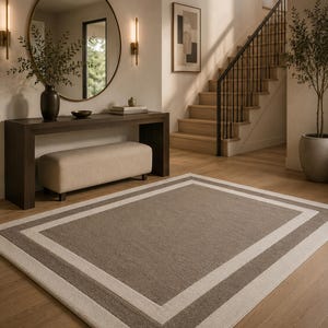 Hand Tufted Neutral Border Rug | Modern Beige Brown Area Rug | Minimalist Wool Rug | Contemporary Living Room Carpet | 8x10 Wool Rug