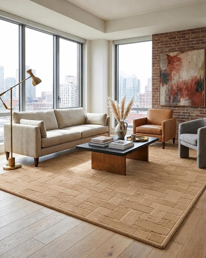 Peut inclure: Un grand tapis rectangulaire avec un motif g&eacute;om&eacute;trique textur&eacute; en forme de briques de couleur beige. Le tapis est plac&eacute; sur un plancher en bois clair dans une pi&egrave;ce comprenant un canap&eacute; beige, un fauteuil en cuir marron et une table basse.