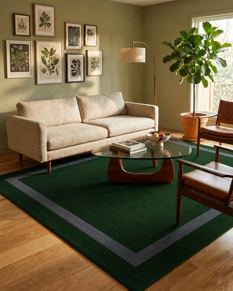 May include: A rectangular area rug featuring a deep forest green center field bordered by a thick, dark gray frame. The rug is positioned on a light-toned wooden floor, providing a solid foundation for the surrounding furniture and decor.