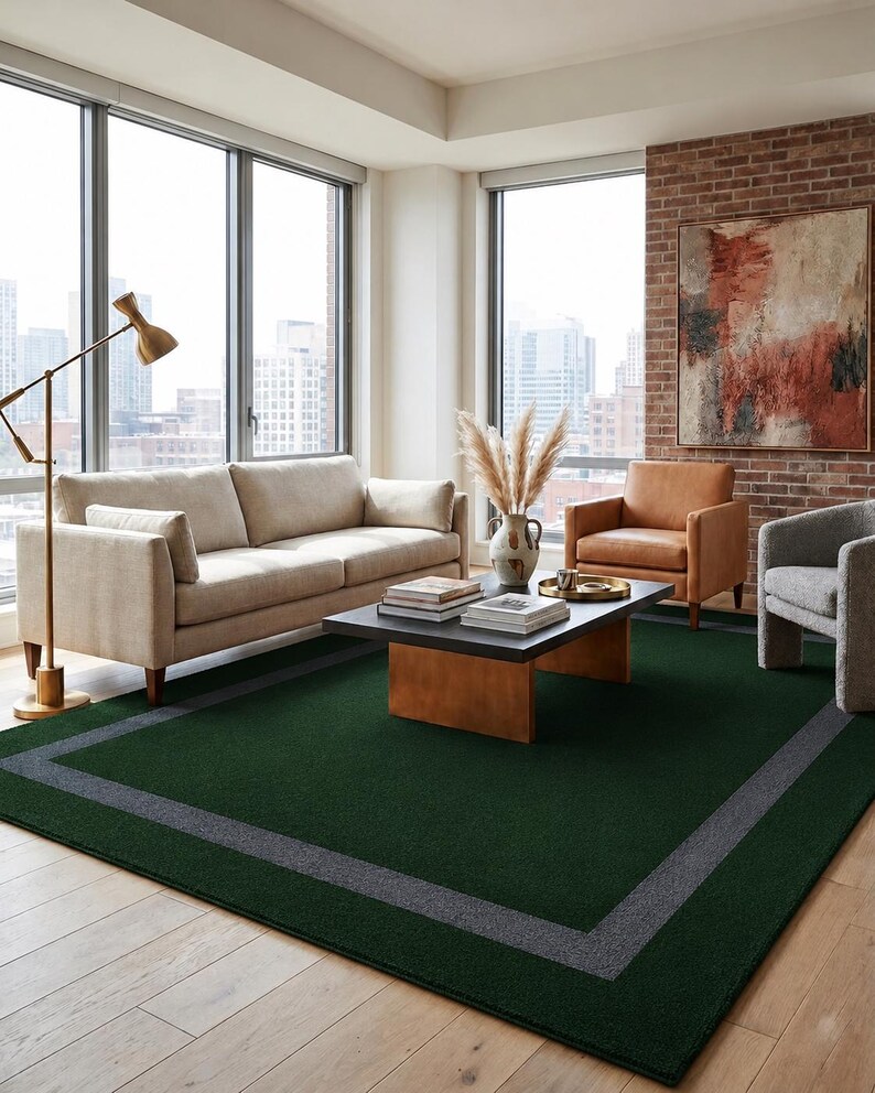 May include: A large rectangular area rug featuring a deep forest green center field framed by a wide, solid charcoal gray border. The rug has a low-pile, uniform texture and is positioned flat on a light-toned wooden floor surface.