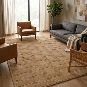 Tapis beige - Tapis tissé en vannerie - Tapis géométrique en laine - Tapis neutre tufté à la main - Tapis texturé moderne - Tapis 8x10, 9x12 image 1