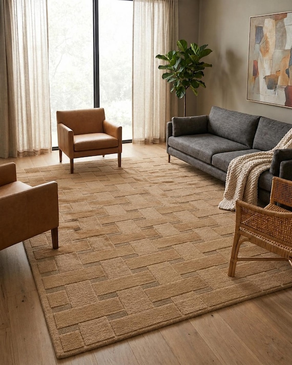 Beige Area Rug - Basket Weave Rug - Geometric Wool Rug - Hand Tufted Neutral Rug - Modern Textured Carpet - 8x10 , 9x12 Area Rug